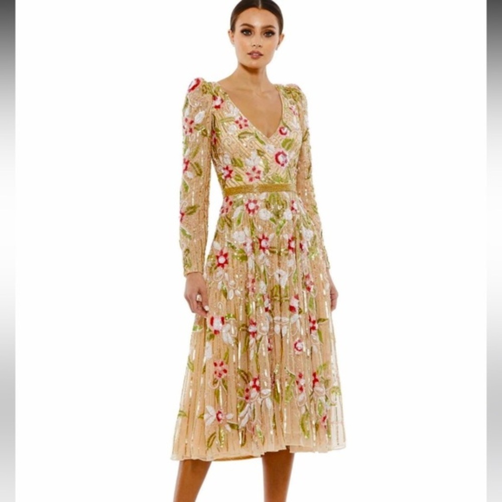 Mac Duggal Gold Multicolor Hand Sequined Beaded Floral Tea Length Dress Size 6